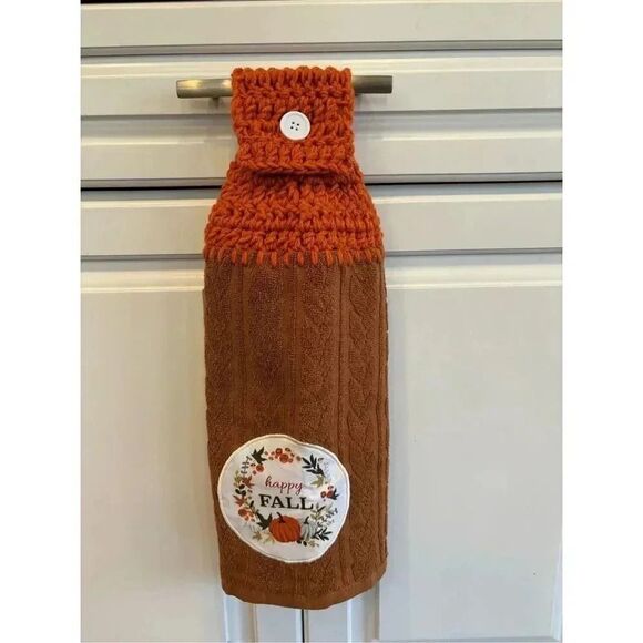 Crochet Top Kitchen Towel- Happy Fall brown towel - Picture 1 of 2